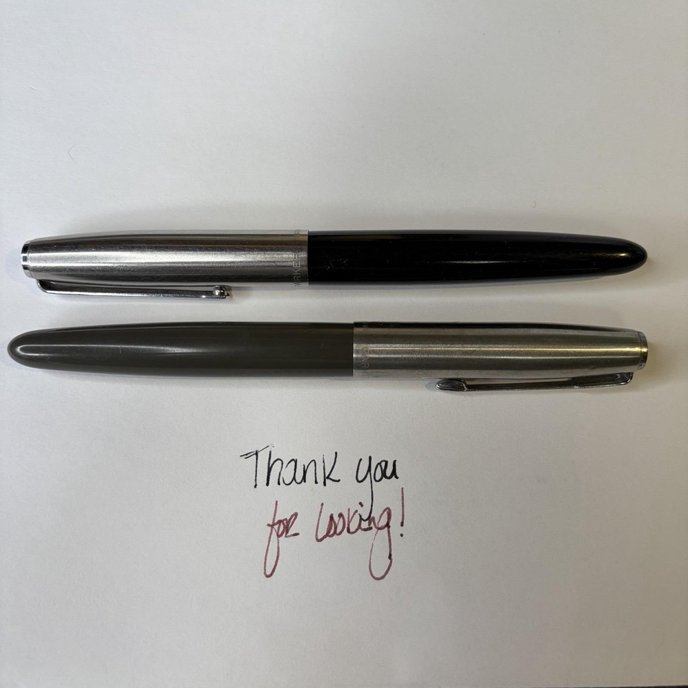 Vintage Parker 21 Fountain Pen Set Of 2 Black & Gray Pens Chrome Trim 1950s
